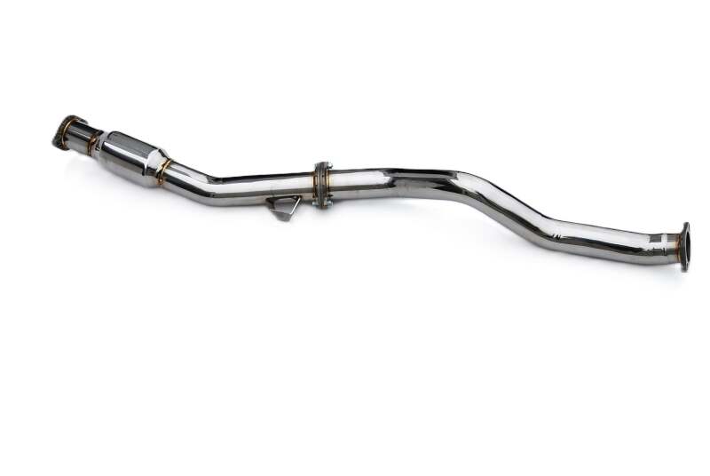Invidia 2022+ Subaru WRX high flow cat front pipe connecting exhaust components, showing polished metal pipe with flange attachment.