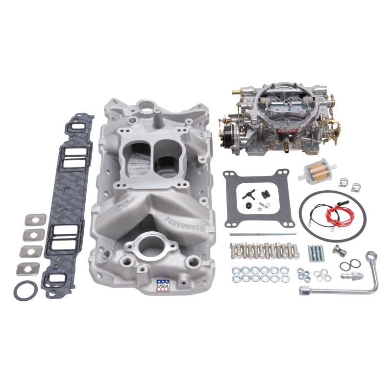 Edelbrock Performer Air-Gap small block Chevrolet intake manifold and carb kit in natural finish for 1957-1986 engines.