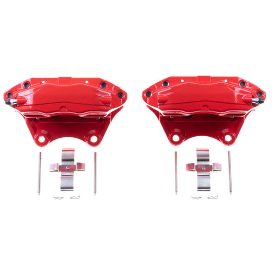 Pair of PowerStop red brake calipers for Infiniti G35 2003-2004 rear performance brake upgrade, showing detailed close-up of caliper bodies.