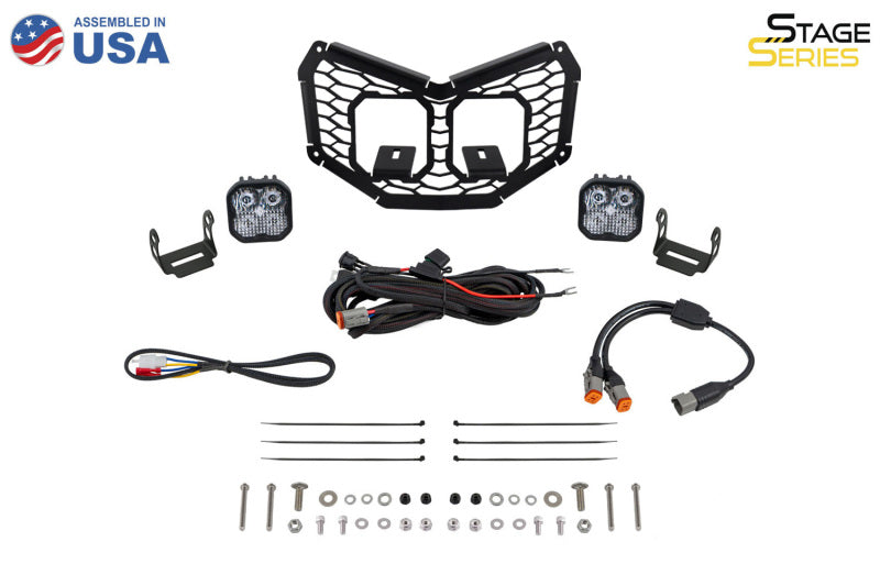 Diode Dynamics 17-24 Can-Am Maverick X3 Stage Series LED grille kit with white fog light accessories and wiring installed.