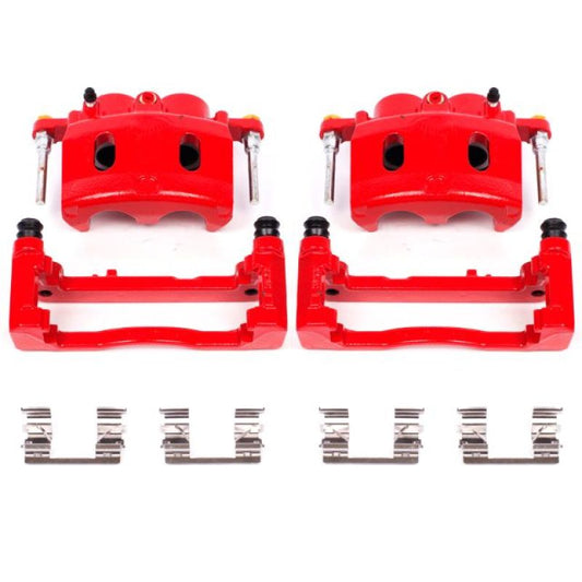 Pair of PowerStop front red brake calipers with brackets for Cadillac Escalade 2008-2016, performance brake calipers for enhanced stopping power.