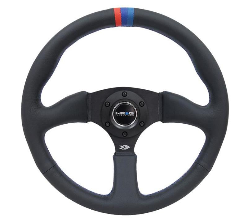 NRG reinforced black leather steering wheel with M3 stitch, 350mm diameter, 2.5-inch deep, matte black 3-spoke design.