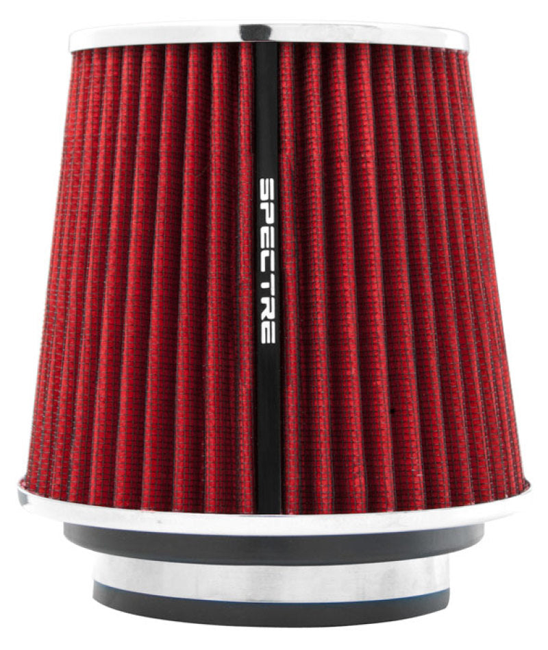 Spectre adjustable conical air filter, red, 5.5 inches tall, fits 3-4 inch tubes, universal fit for vehicle air intake systems.