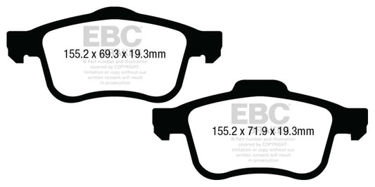 EBC 13+ Fiat 500L 1.4 Turbo Ultimax2 front brake pads, OE type, showing the brake pad set with friction material and metal backings.