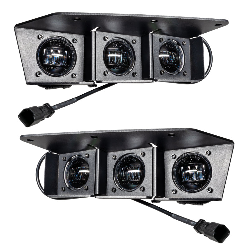 ORACLE Lighting Ford Bronco triple LED fog light kit installed on steel bumper, white LED fog lights for 2021-2022 Ford Bronco.