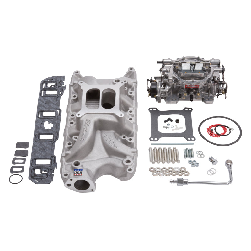 Edelbrock Performer RPM small block Ford intake manifold and carb kit, natural finish, for 289-302 engine applications.