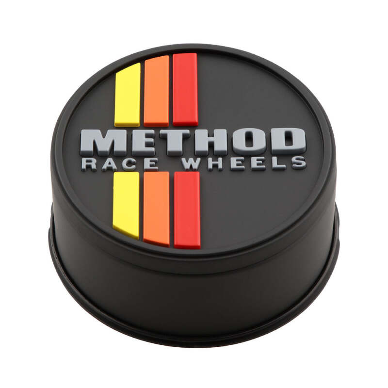 Method Classic YOR Stripes push-through wheel center cap in black for Method Wheels, showing the cap with black and white stripe design.