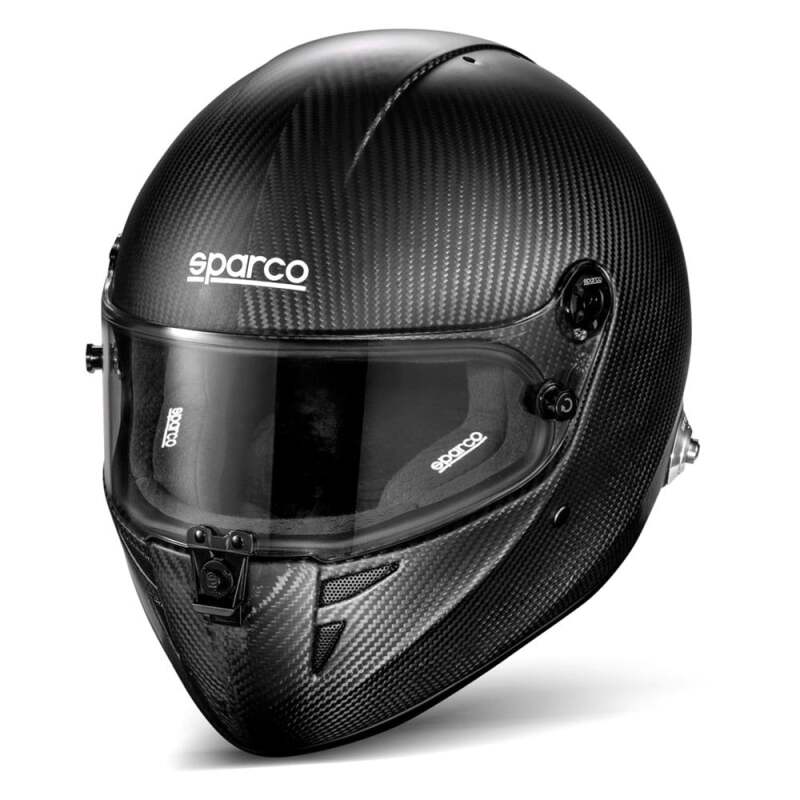 SPARCO Stealth RF Carbon helmet in black, X small size, showcasing sleek design and aerodynamic shape for racing safety.