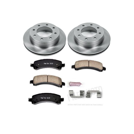 PowerStop rear OE brake kit for Chevrolet Express 2500, including brake pads and rotors, installed on the vehicle.