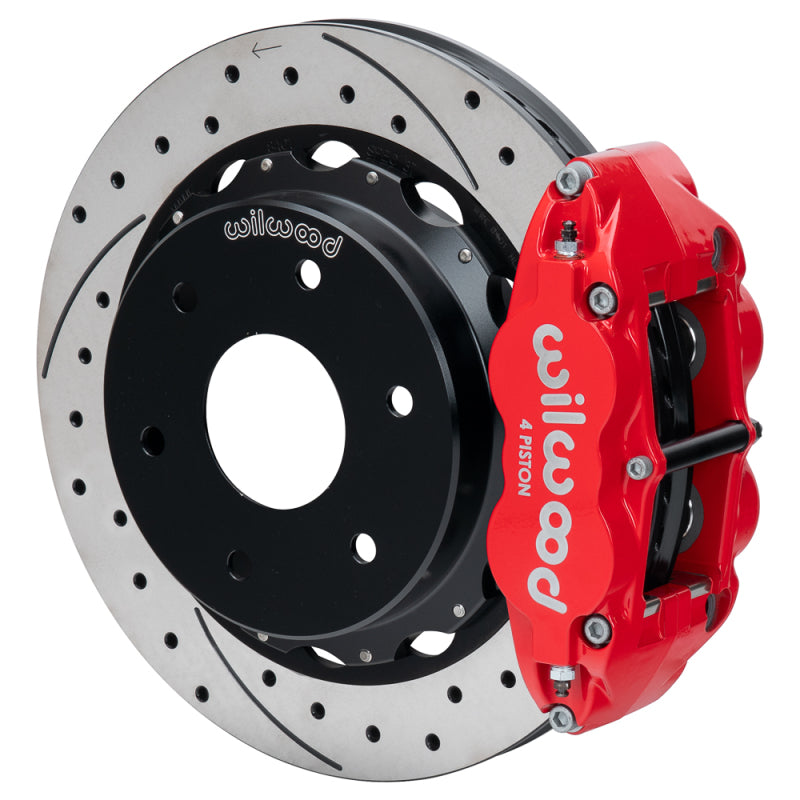 Wilwood Audi A4 rear big brake kit with 12.88-inch drilled and slotted rotors in red, designed for 2003-2008 models.