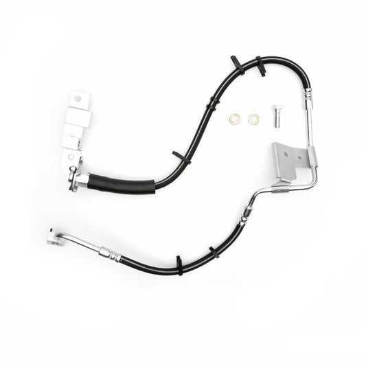 DFC Dodge Ram 2500 front left brake hose from brake line kit, showing the flexible rubber and metal fittings.