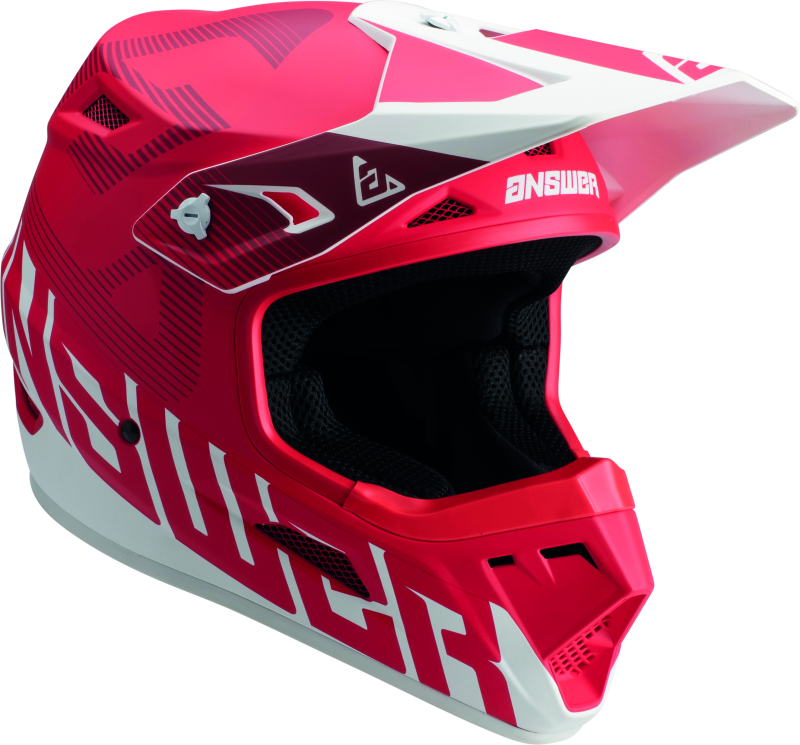 Answer AR1 V2 Bold helmet in red and white, large size, shown with sleek design and adjustable straps for motorcycle safety gear.