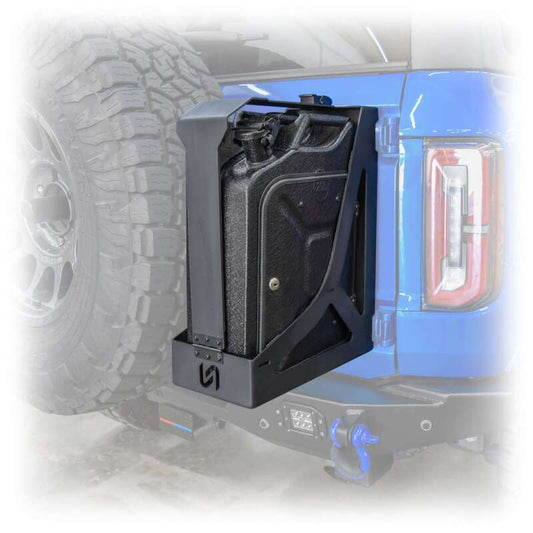 Turn Offroad 2021+ Ford Bronco tailgate with mounted jerry can holder, rugged offroad tailgate accessory for enhanced utility.