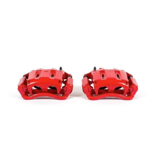 Pair of PowerStop red front brake calipers with brackets for Ford F-350 Super Duty 2005-2012, performance brake replacement.