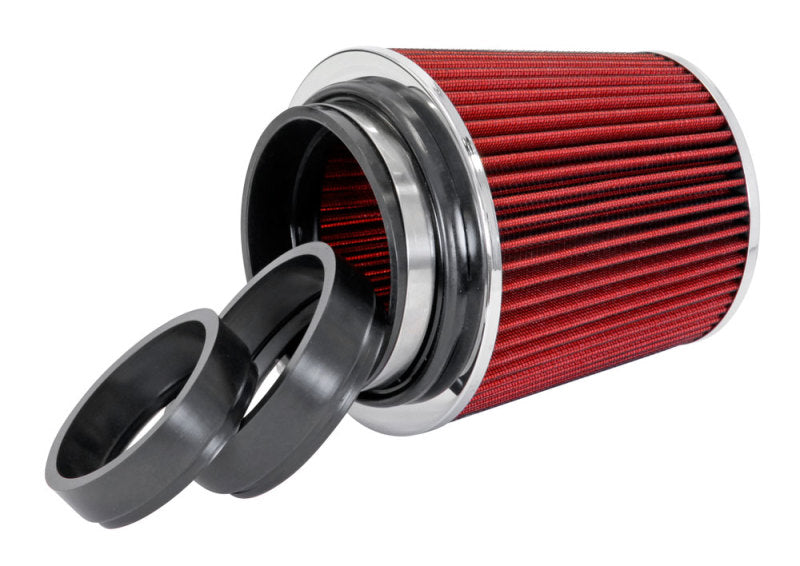 Spectre adjustable conical air filter in red, 5-1/2 inches tall, fits 3 to 4-inch tubes, universal fit for vehicle air intake systems.