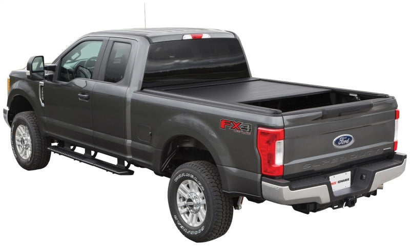 Pace Edwards UltraGroove retractable bed cover on a 2017 Ford F-Series Super Duty 6ft 9in truck bed, metal construction, closed position