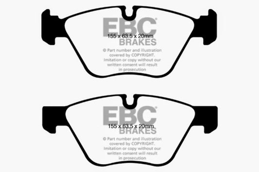 EBC Redstuff front brake pads for BMW 128 3.0, high-performance brake pads showing the red friction material and metal backing plates.