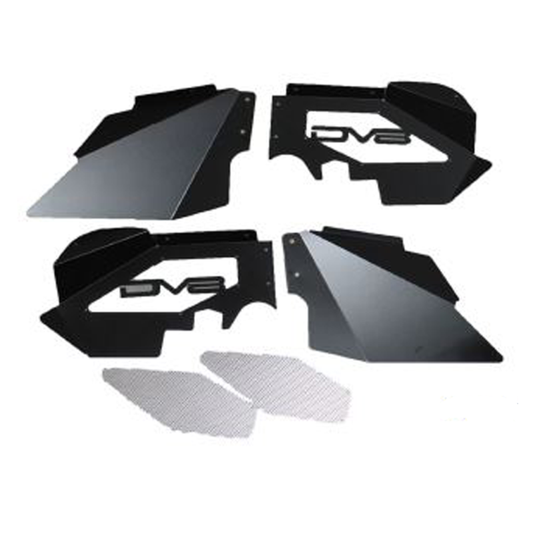 Black DV8 Offroad aluminum front inner fender liner for Jeep Wrangler JK 2007-2018, designed to protect wheel wells.