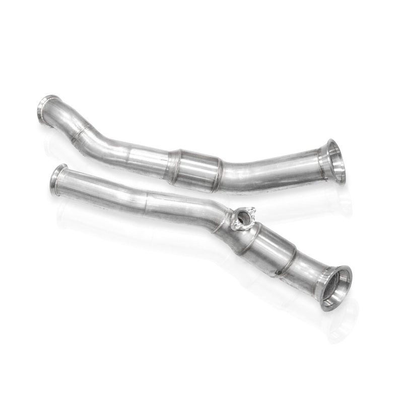 Stainless Works 2025+ RAM 1500 3.0L downpipe with high-flow cats and factory connection, showcasing polished stainless steel components.