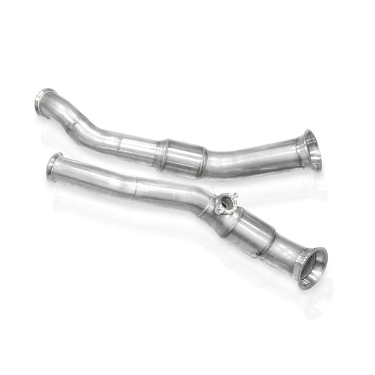 Stainless Works 2025+ RAM 1500 3.0L downpipe with high-flow cats and factory connection, showcasing polished stainless steel components.