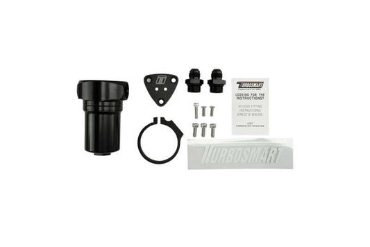 Turbosmart 10um 8AN black fuel filter canister with clear housing and fuel inlet and outlet fittings for automotive fuel systems.