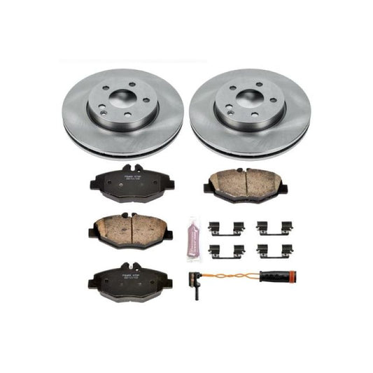PowerStop OE front brake kit for 2006 Mercedes-Benz E320 showing brake rotors and pads installed on the vehicle.