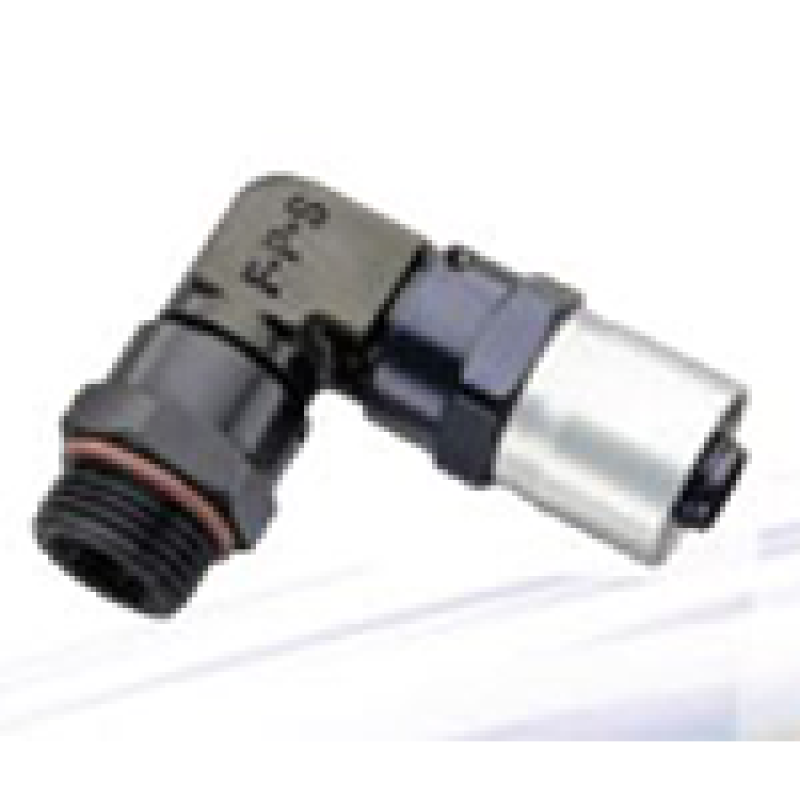 Fragola -6AN 90-degree sport crimp hose end fitting with 1/8 NPT threads, metallic construction for high-performance applications.