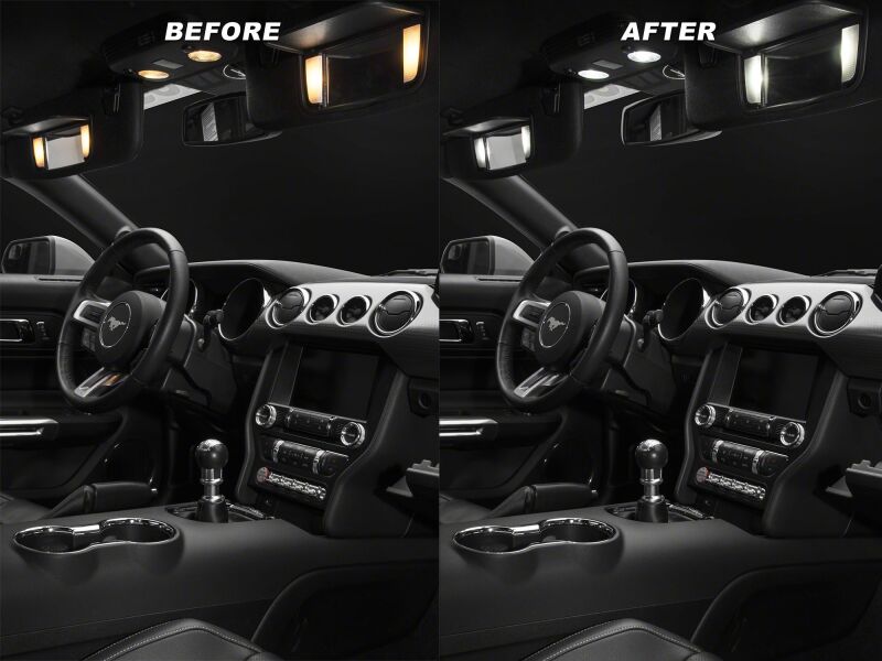 Raxiom Ford Mustang interior LED lighting kit in cool white, stage 1 axial series, installed inside a 2015-2023 model.