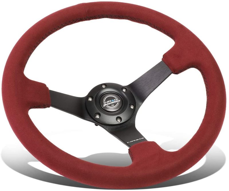 NRG reinforced steering wheel with black spoke, burgundy Alcantara grip, black stitching, 350mm diameter, 3-inch deep dish design