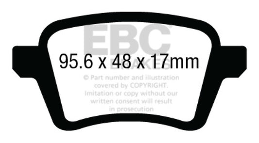 EBC 13+ Fiat 500L 1.4 Turbo Ultimax2 rear brake pads, OE quality, shown in black with metal backing plates.