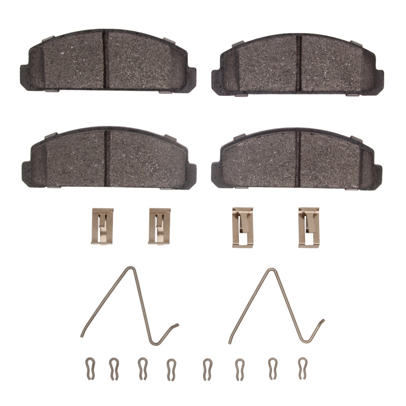 R1 Concepts Mazda GLC 1977-1983 front semi-metallic OE brake pads and hardware kit, shown with brake components and packaging.