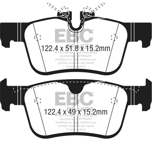 EBC Greenstuff rear brake pads for Volvo S90 2.0L Turbo, performance brake pads with green friction material, installed on vehicle.