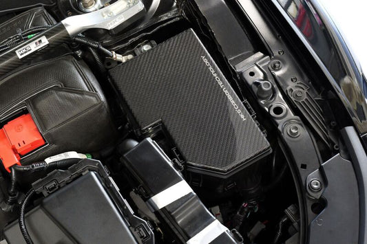 HKS Dry Carbon Fuse Box Cover FL5, sleek carbon accessory for improved engine bay aesthetics and protection.