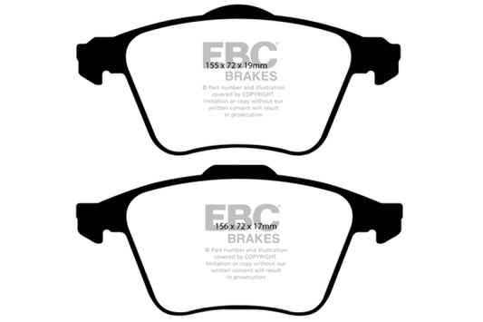 EBC Redstuff front brake pads for Volvo S60 2.5 Turbo T5, performance brake pads with red ceramic friction material.