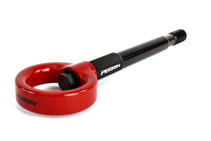 Red Perrin Performance tow hook kit for Subaru WRX, Crosstrek, OBXT, and Impreza front tow hooks, shown installed on vehicle.