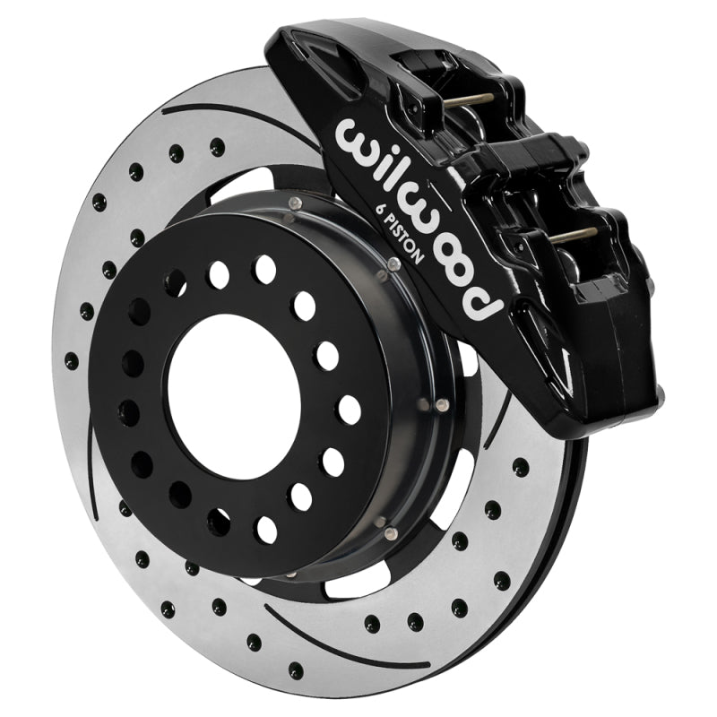 Wilwood Ford Mustang II Dynapro front brake kit with black 12.19-inch drilled and slotted rotors and high-performance brake calipers