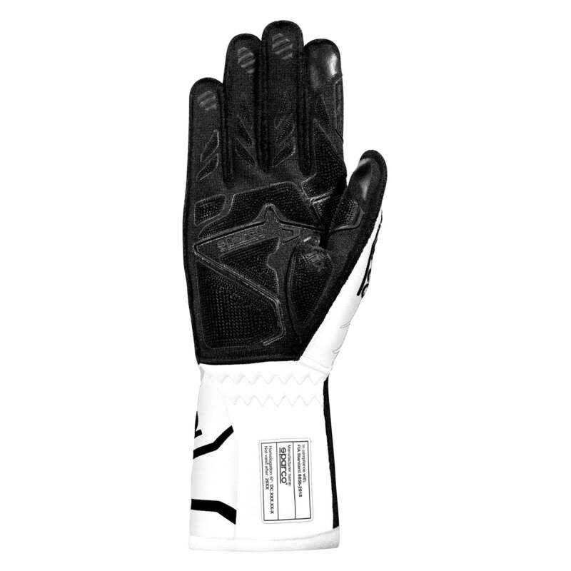 Sparco Tide+ WHT/BLK racing gloves in size 11 with white and black design, made for motorsport racing and driver safety.