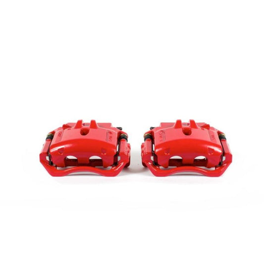 Pair of PowerStop front red brake calipers with brackets for 2002-2005 Ford Thunderbird, performance brake calipers for enhanced stopping power.