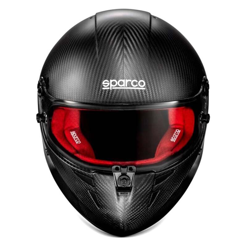 SPARCO Stealth RF Carbon helmet in medium size with red finish, showing aerodynamic design and ventilation features.