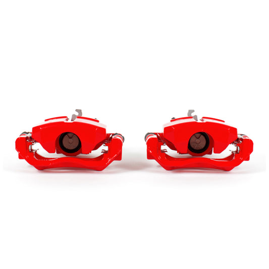 Pair of PowerStop red rear brake calipers with brackets for Dodge Dart 2013-2016, performance replacement brake components.