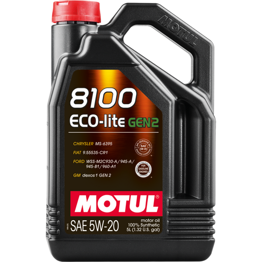 Motul 5L 8100 Eco-Lite Gen3 5W20 full synthetic engine oil bottle, motor oil product for vehicle lubrication.