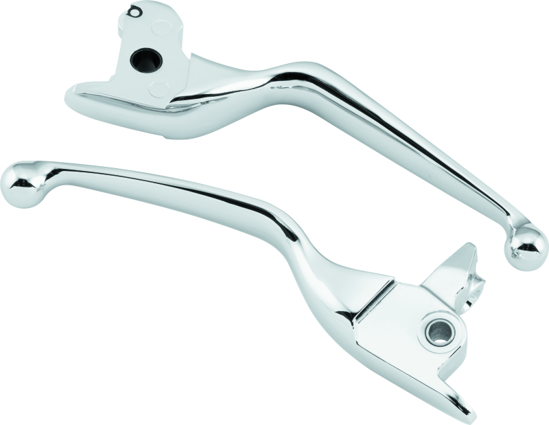 Bikers Choice chrome hydraulic clutch and brake levers for 14-16 FLH FLT Harley Davidson motorcycles, showing polished finish and design