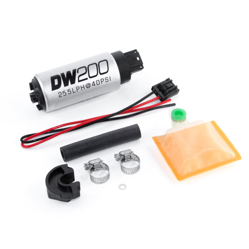 DeatschWerks 255 LPH in-tank fuel pump with Nissan 240SX setup kit, showing the pump and installation components.