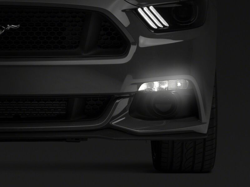 Raxiom Ford Mustang 15-17 axial series switchback turn signal conversion kit with sidemarker indicators on a vehicle.