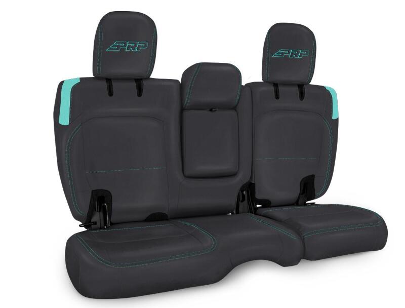 PRP Seats black and teal rear bench seat covers for Jeep Wrangler JL 4-door with armrest, made for durable protection and style.