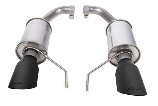 Roush 2024 Ford Mustang GT EcoBoost dual tip axle back exhaust with black tips, showcasing the sleek exhaust pipes and tips.