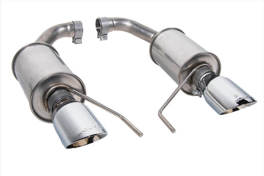 Roush 2024 Mustang GT EcoBoost dual tip axle back exhaust system showing chrome tips and sleek exhaust pipes.
