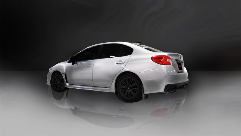 Black Corsa 2015-2021 Subaru WRX cat back exhaust with quad 3.5-inch tips, designed for sporty performance and sleek appearance.