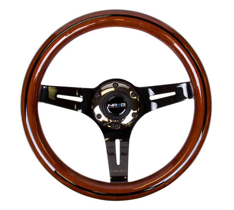 NRG Classic wood grain steering wheel with 310mm diameter, dark wood and black line inlay, black chrome 3-spoke center.
