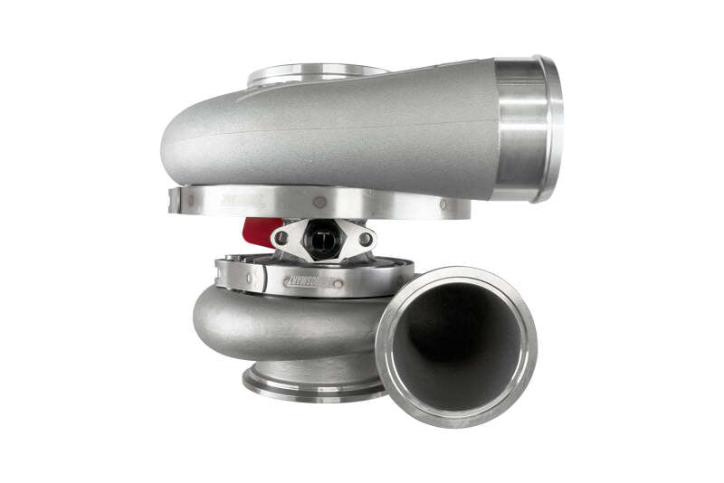 Turbosmart 8280 V-Band reverse rotation external wastegate attached to a turbocharger, featuring a compact design and metallic finish.